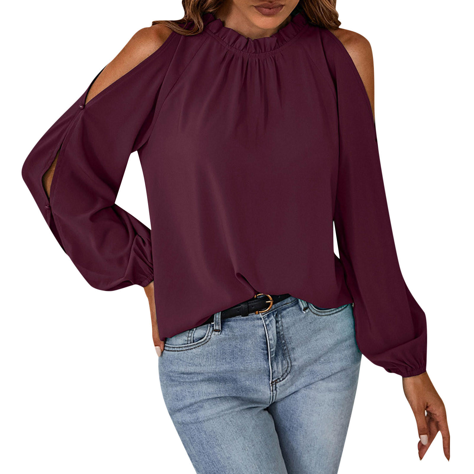 thumbnail image 1 of Blusa de manga larga de último diseño para mujer - Top holgado de color liso, camisa informal de moda, 1 of 7